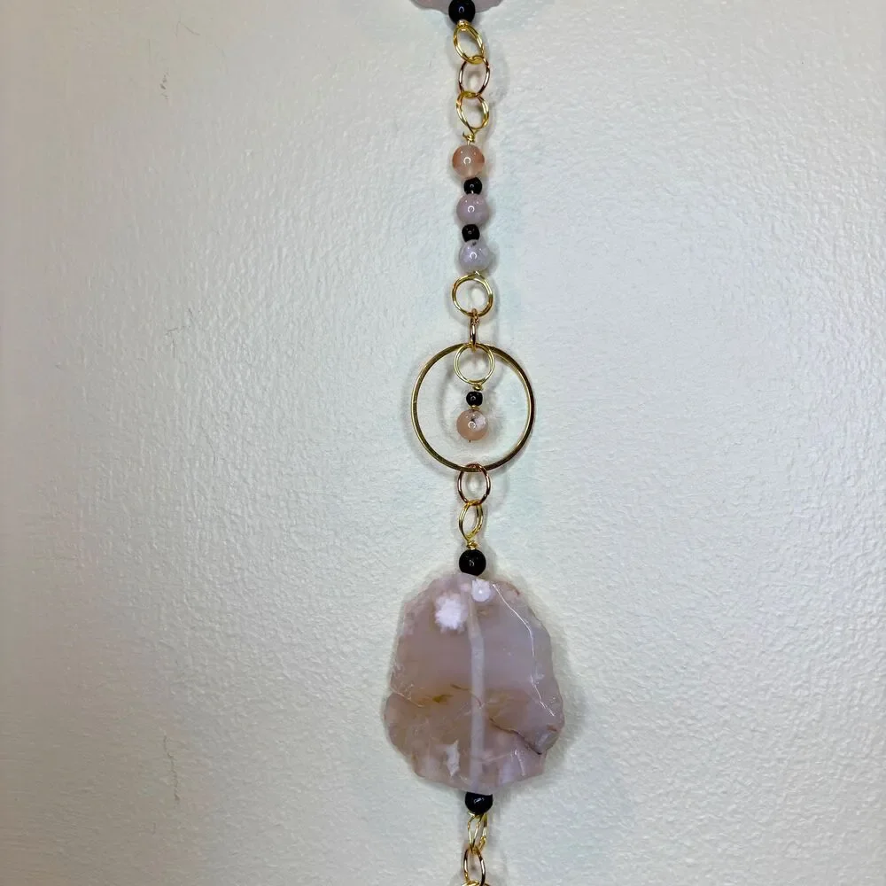 Flower Agate Black Onyx Hanging Polished Agate Slice & Beads Growth Creativity